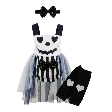 

Honeeladyy Clearance under 10$ Toddler Girls Sling Net Yarn Halloween Print Bow Socks Romper Jumpsuit Skirt Set