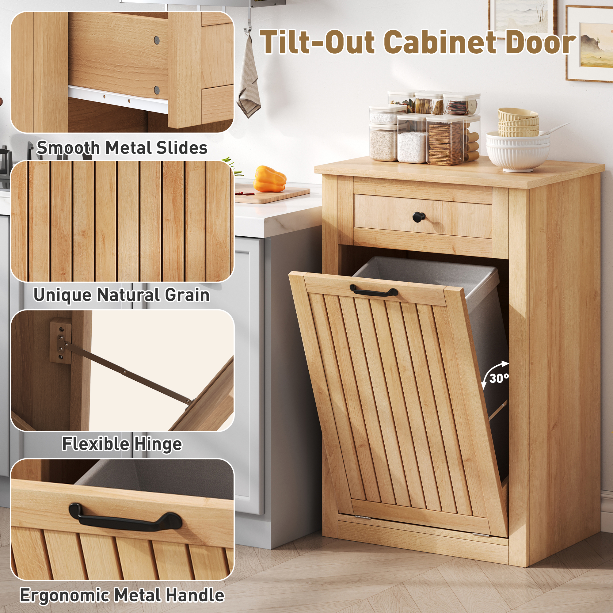 Tilt-Out Trash Can Cabinet, 10 Gallon Fluted Laundry Hamper Cabinet with Drawers, Wooden Hidden Garbage Can Cabinet w/Storage Basket, Free Standing for Kitchen & Living Room,Natural Oak