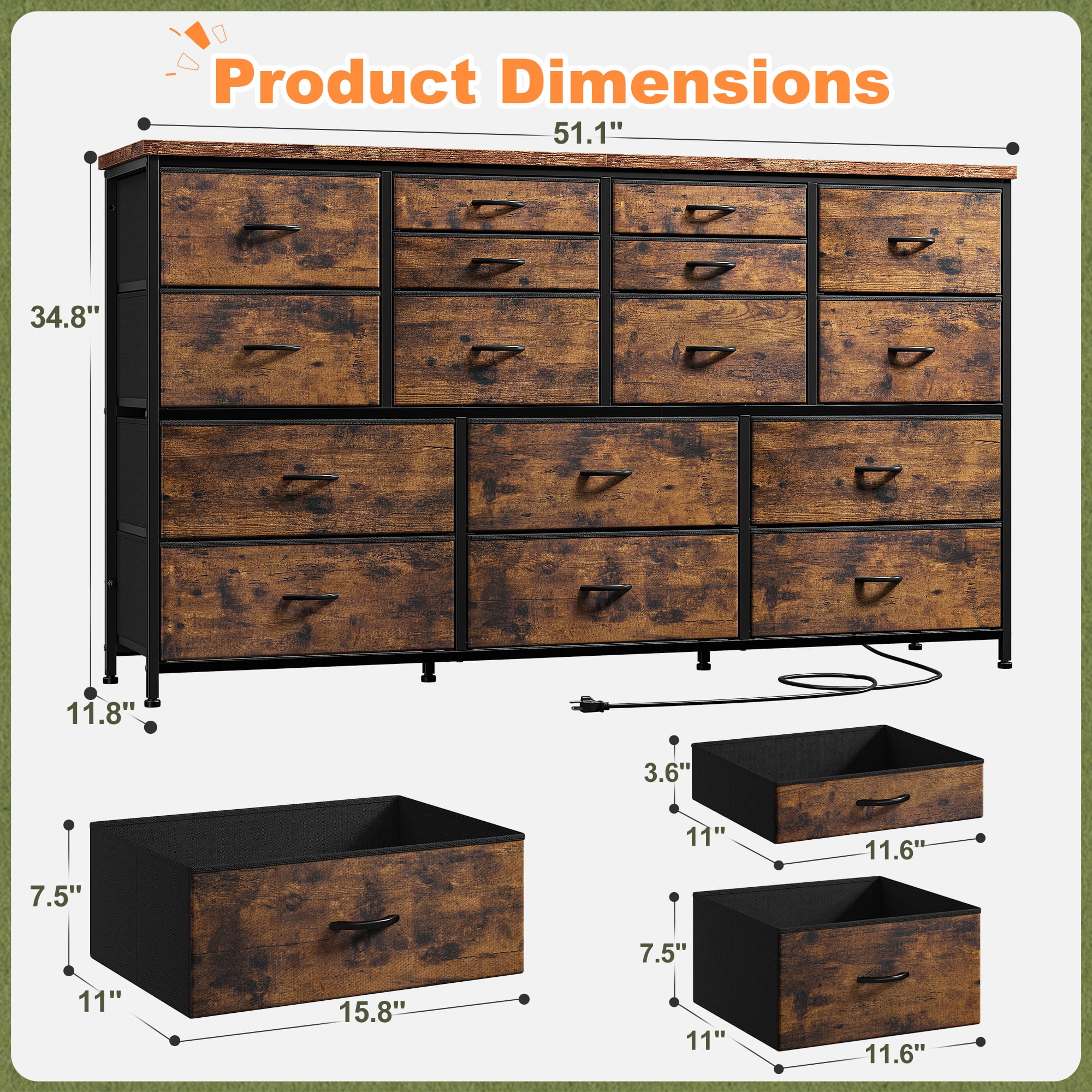 Romorgniz Dresser for Bedroom with 16 Drawers for Closet Fabric Dressers & Chests of Drawers TV Stand with Charging Station, Rustic Brown