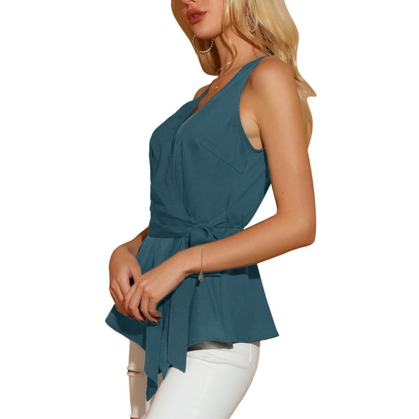 INSPIRE CHIC INSPIRE CHIC Tops De Verano Para Mujer, Sin Mangas, Con Escote En V, Con Lazo, En La Cintura Azul eléctrico XL