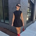 thumbnail image 3 of Vestido corto ajustado con bolsillos para mujer, prenda de manga corta con cuello redondo, color negro, elegante, a la moda, para oficina, Verano, 3 of 5