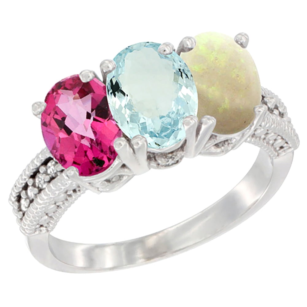 14K White Gold Natural Pink Topaz, Aquamarine & Opal Ring 3-Stone 7x5 mm Oval Diamond Accent, sizes 5 10 by WorldJewels