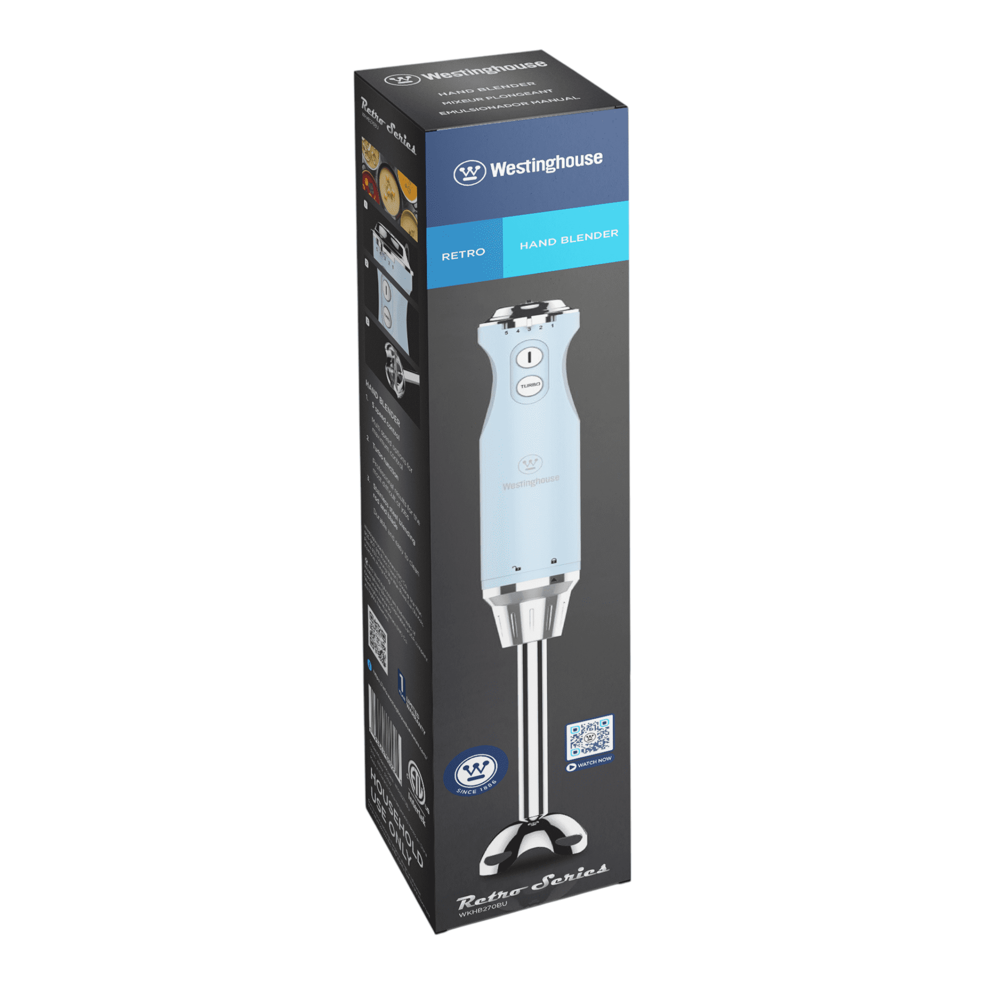 Westinghouse Hand Blender - 5-Speed Immersion Blender with Turbo Function, Stainless Steel Blades & Rod, 500W Power, Detachable Easy Clean Design, Best for Smoothies & Soups - Retro Appliance, Blue