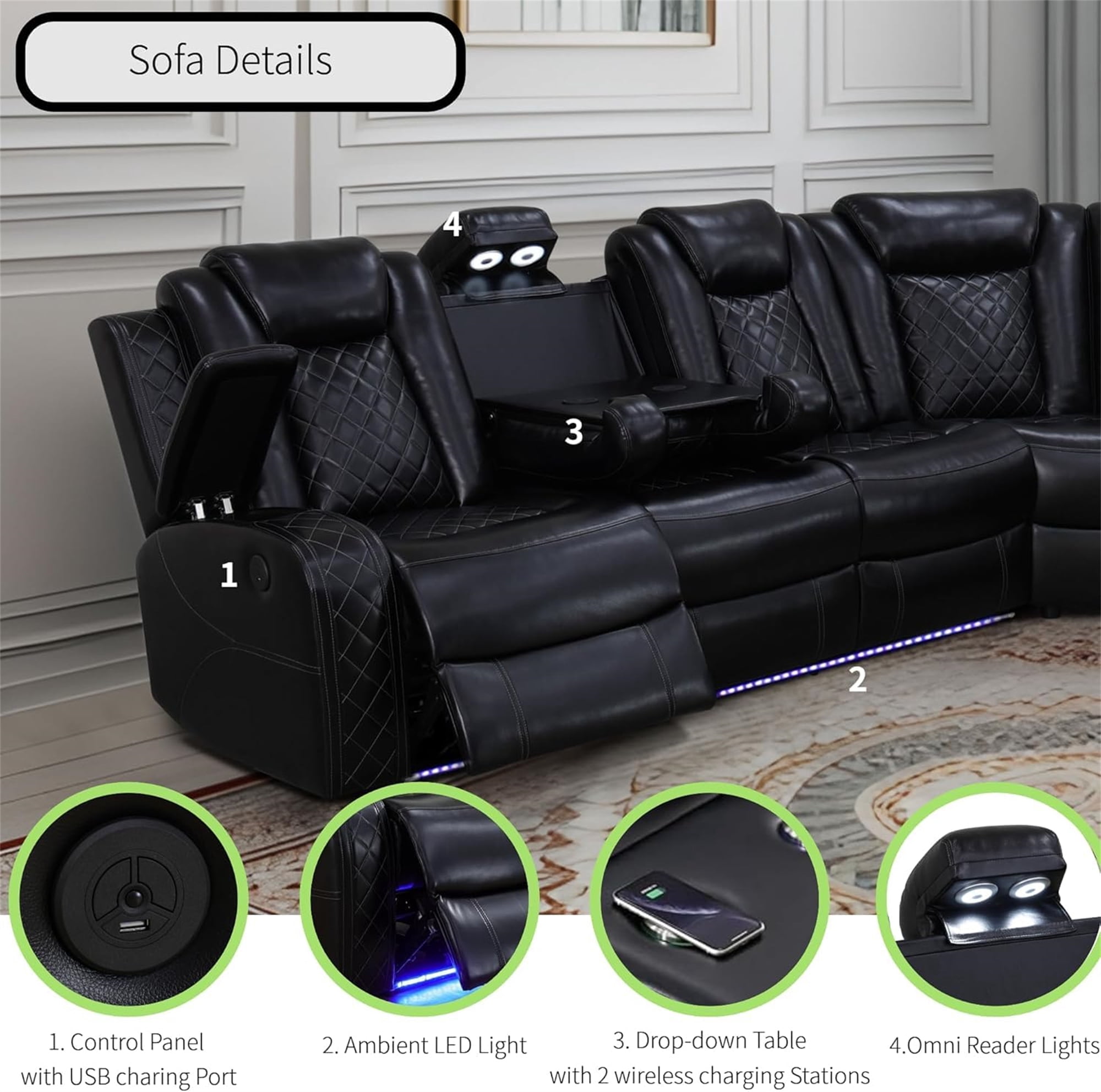 Aukfa 3-Piece Power Recliner Sofa Set 6 Seat Sectional Couch with LED Light, Cup Holders&Storage Console, Black