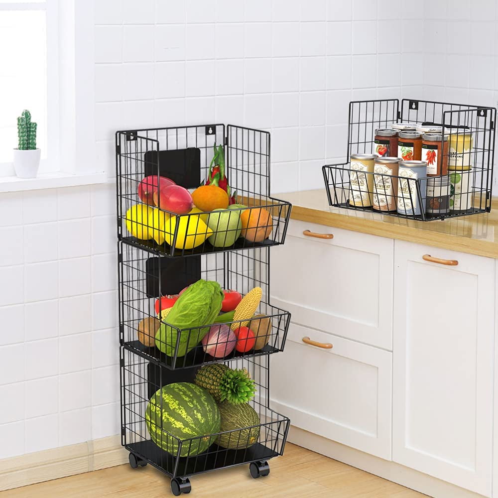Tribesigns Wood Fruit Vegetable Storage Rack Stand,4-Tier Stackable Fruit Basket Organizer Rack for Kitchen and Supermarket, Potato and Onion Storage