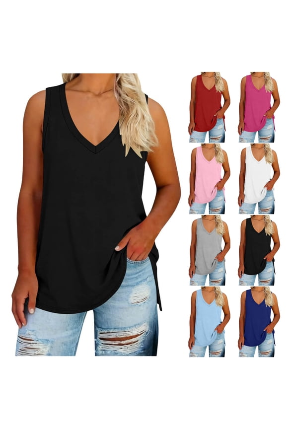 Women's Plus Size V Neck Tank Top, Sleeveless Side Slit Casual Tunic Summer Tops, Sizes 1X-5X