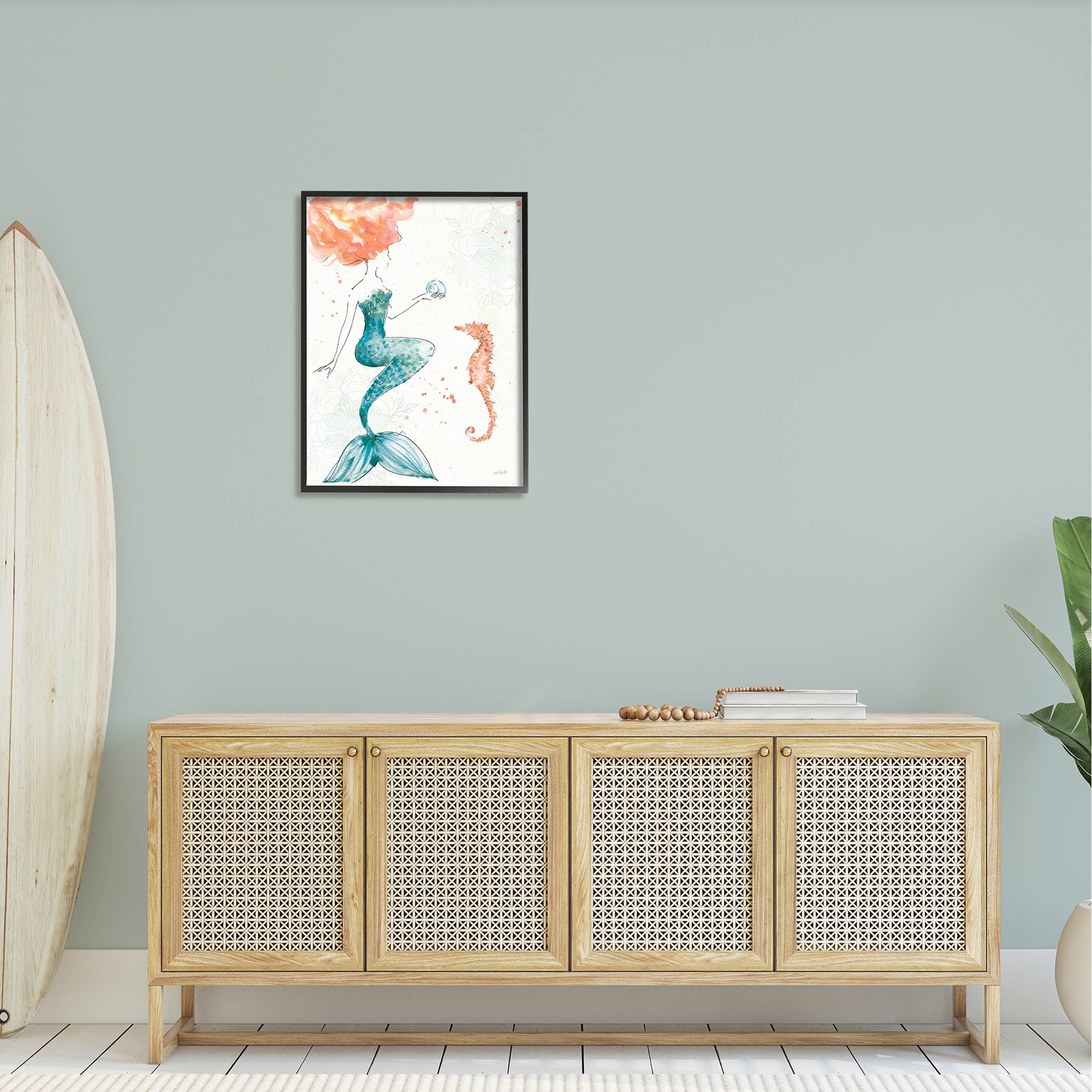 Stupell Industries Mermaid and Ocean Seahorse Graphic Art Black Framed Art Print Wall Art, Design by Anne Tavoletti