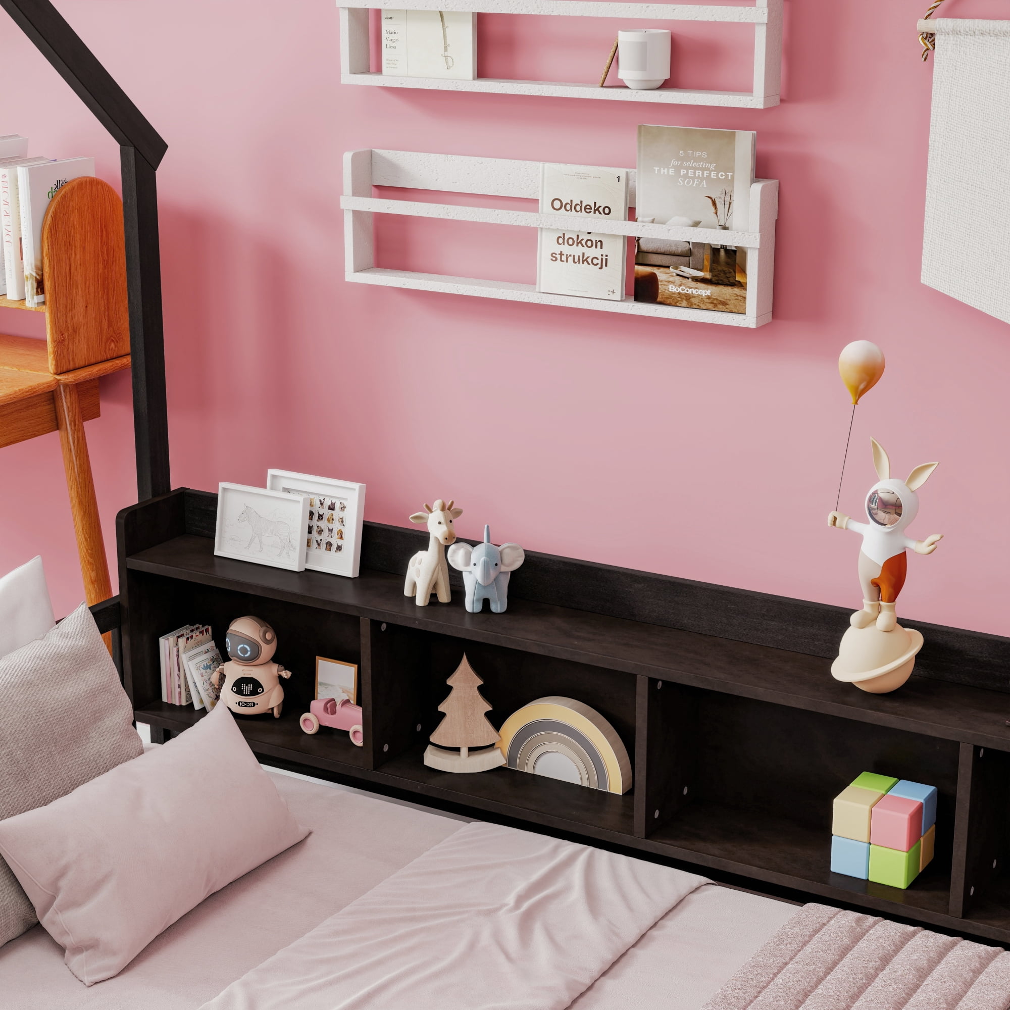 Leumius Twin Size House Floor Bed with Storage Shelves,Built-in LED Lights & Charging Station,Pine Wood Floor Bed Frame with Safety Guardrails for Kids Bedroom Espresso