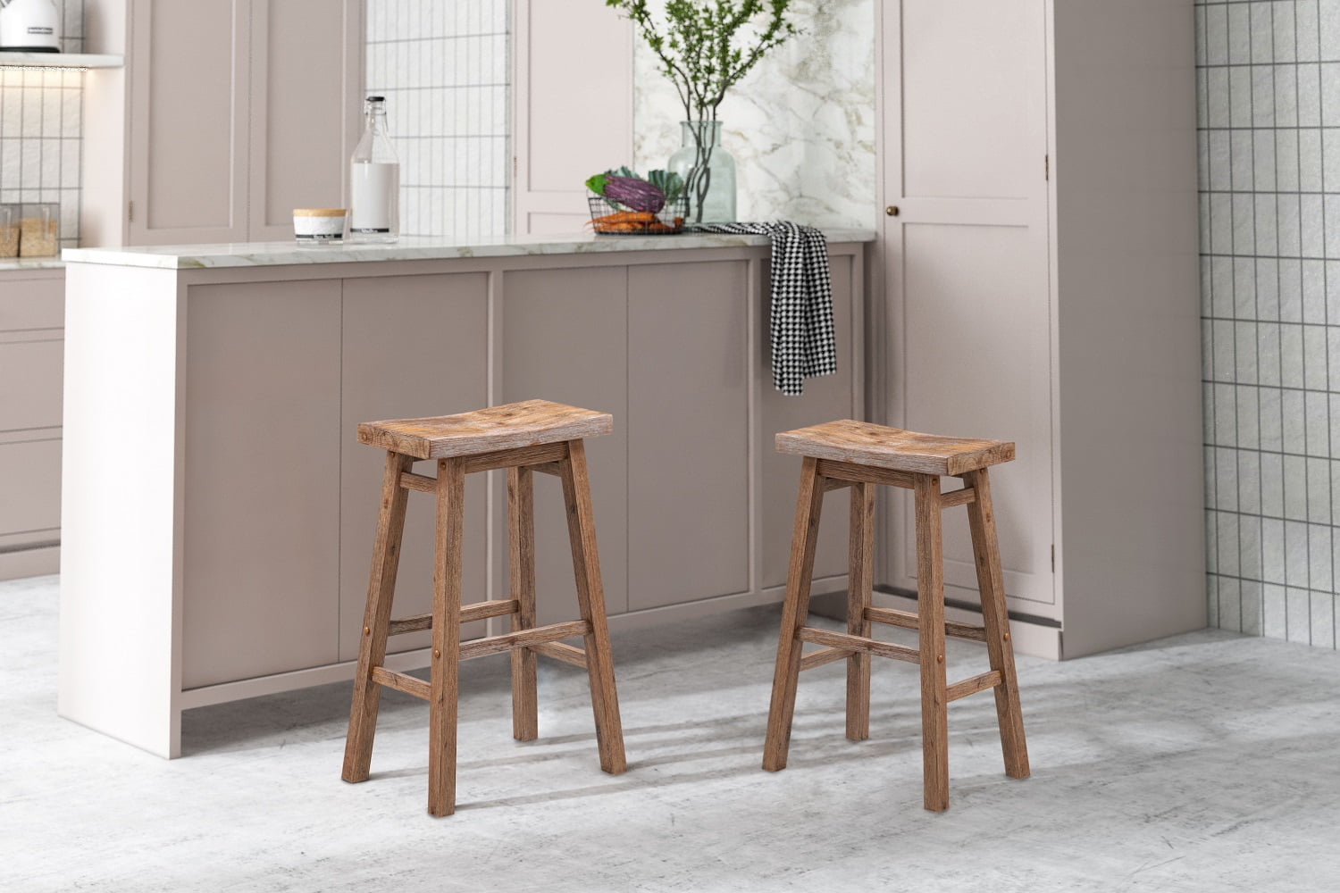 Boraam Sonoma Bar Height Backless Saddle Wood Kitchen Bar Stool, Barnwood Wire-Brush Finish