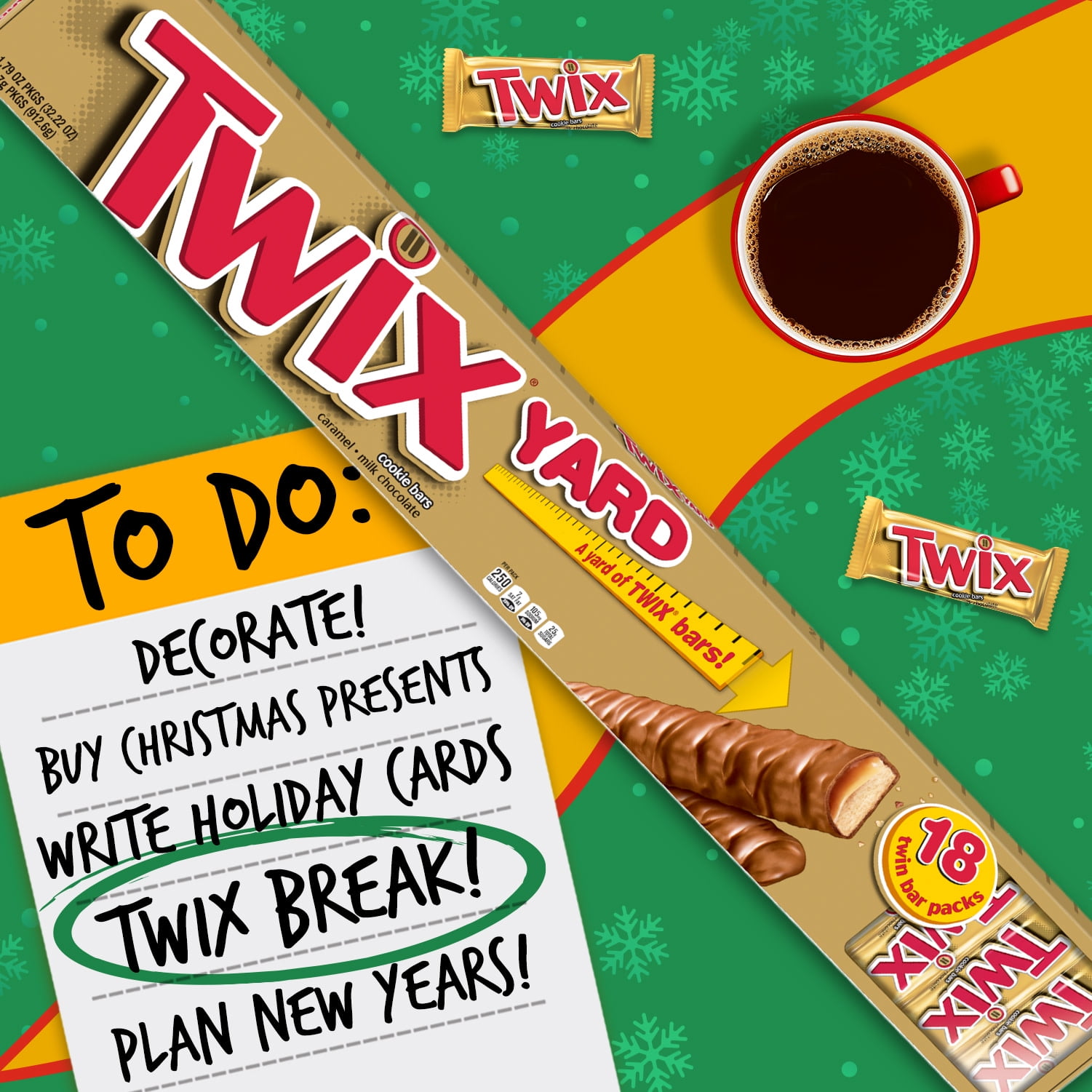 Twix Yard Christmas Full Size Chocolate Candy Bars - 18 bars per pack