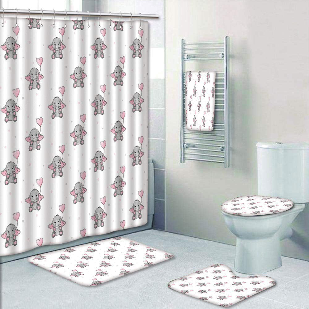 Heart Pattern White Shower Curtain Bath Mat Toilet Cover Rug Bathroom Decor 