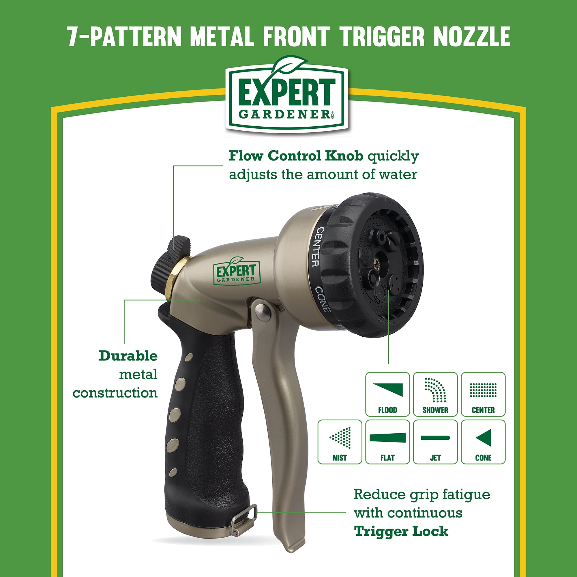 Expert Gardener 7-Pattern Metal Front Trigger Hose Watering Nozzle with Flow Control
