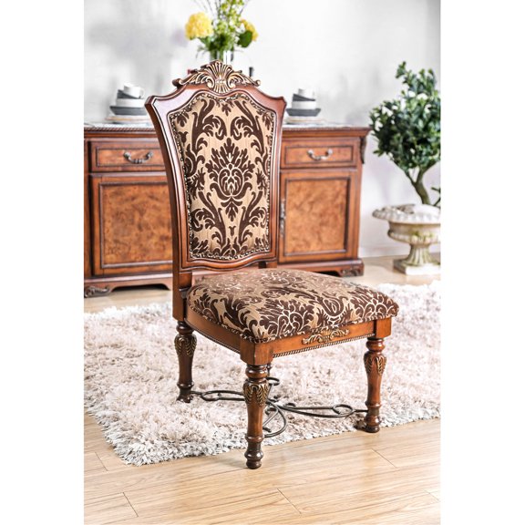 Brown Cherry Solid Wood Chairs, Intricate Details, Floral Print Fabric Seats, Fancy For Dining Room Luxurious Side Wood, Seats