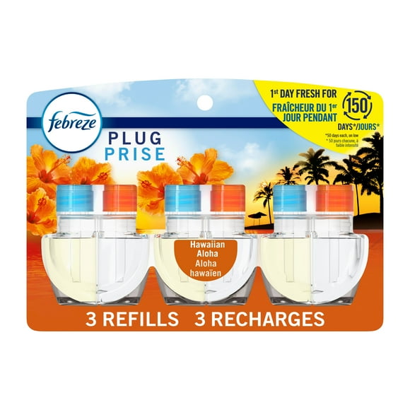 Assainisseur d’air à brancher Febreze, recharge d’huile parfumée qui combat les odeurs, parfum Aloha hawaïen, 3recharges