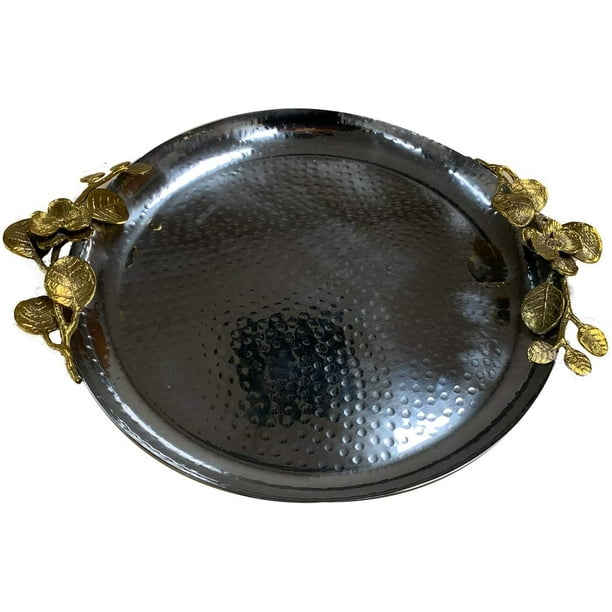 Decozen Large Round Tray with Orchid Flower Handles Serving Tray for
