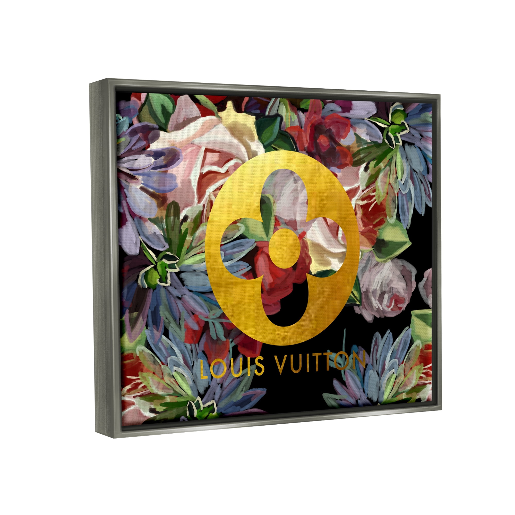 Stupell Industries Floral Glam Fashion Logo Botanical & Floral Painting Gray Floater Framed Canvas Art Print Wall Art, 21 x 17