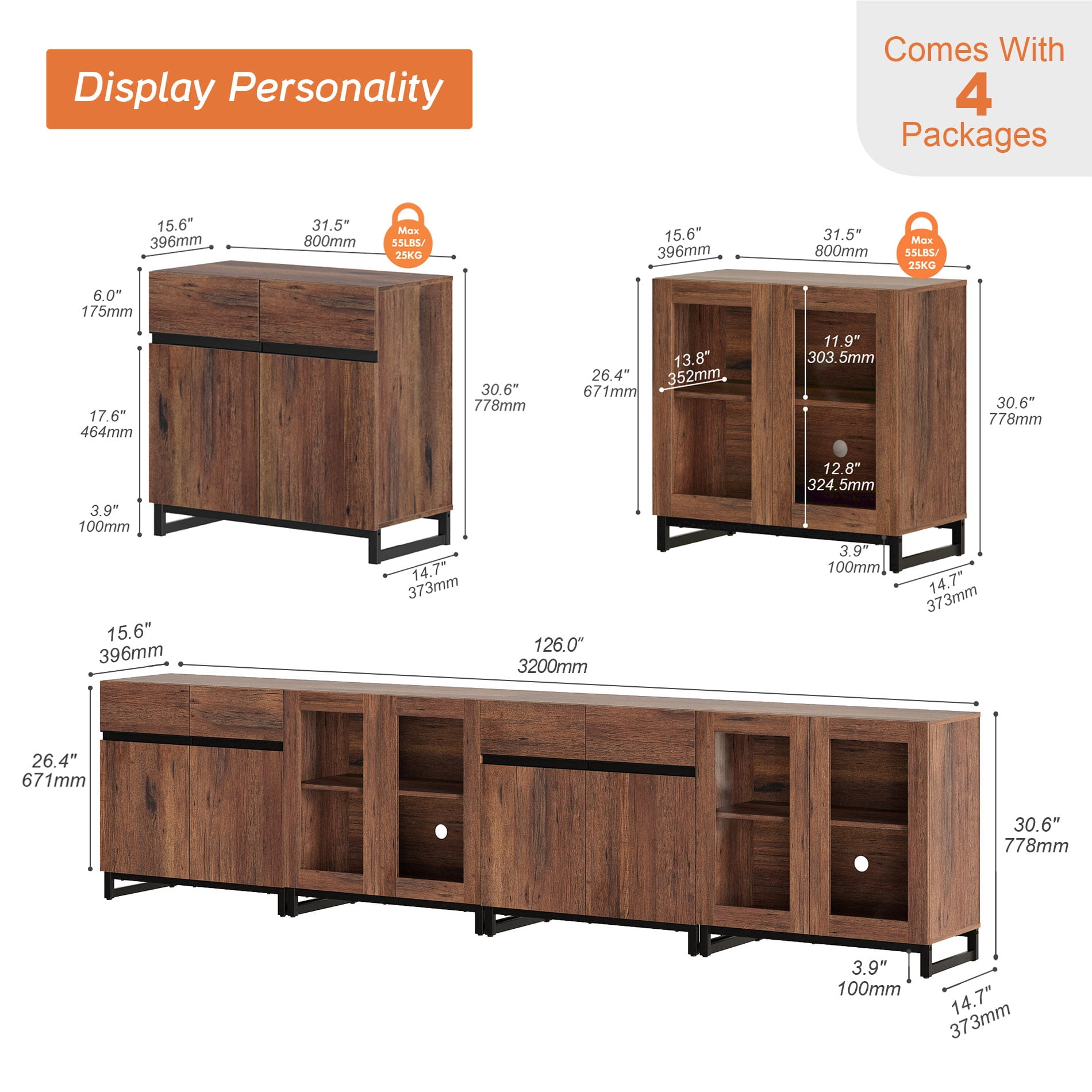 Modern Sideboard With Adjustable Shelves, 4 In 1 Storage Cabinet With Glass Doors, Coffee Bar Cabinet For Living Room, Kitchen,Dinning Room,Brown