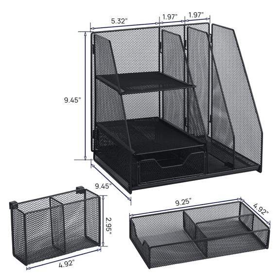Desk Organizer with File Holder, 3-Tier Paper Letter Tray Organizer with Drawer and  Pen Holder, Mesh Desktop Organizer and Storage with Magazine Holder for Office Supplies(Black)