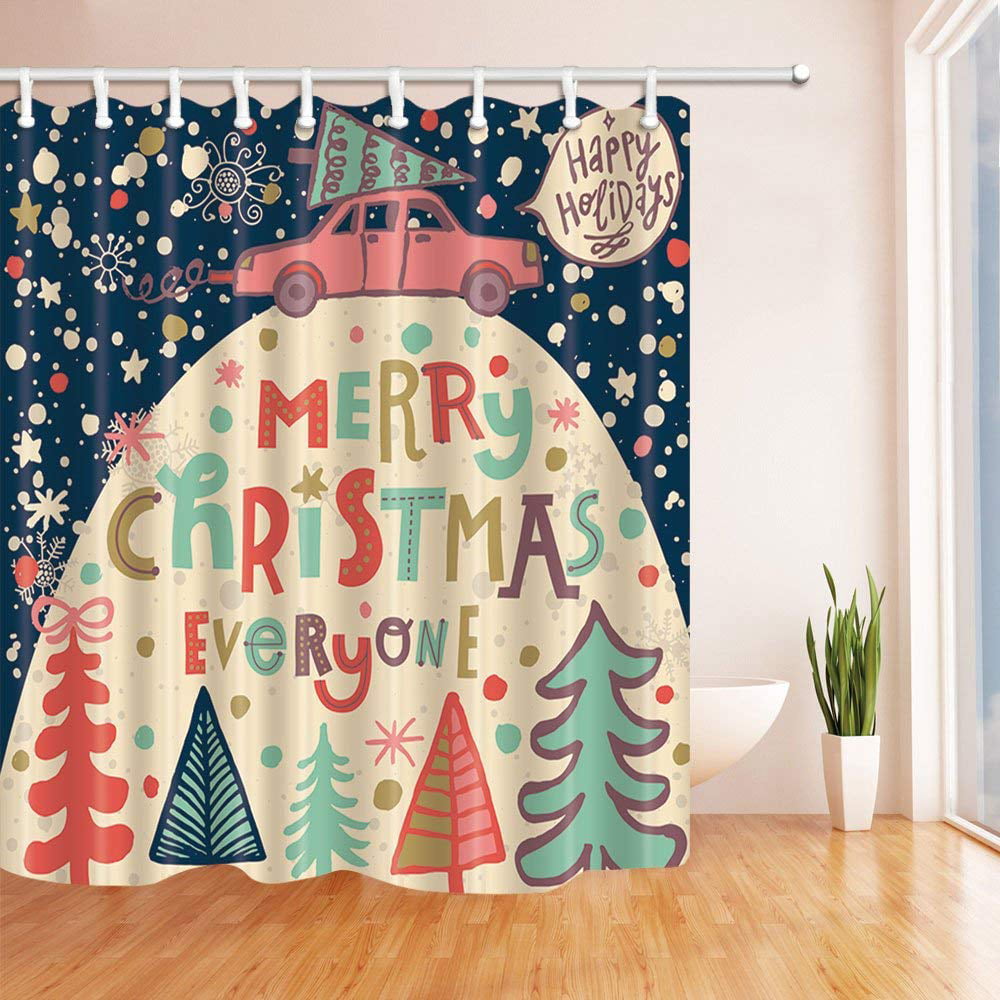 Car With Christmas Tree Snowfall Forest Bathroom Fabric Shower Curtain Set 71in 