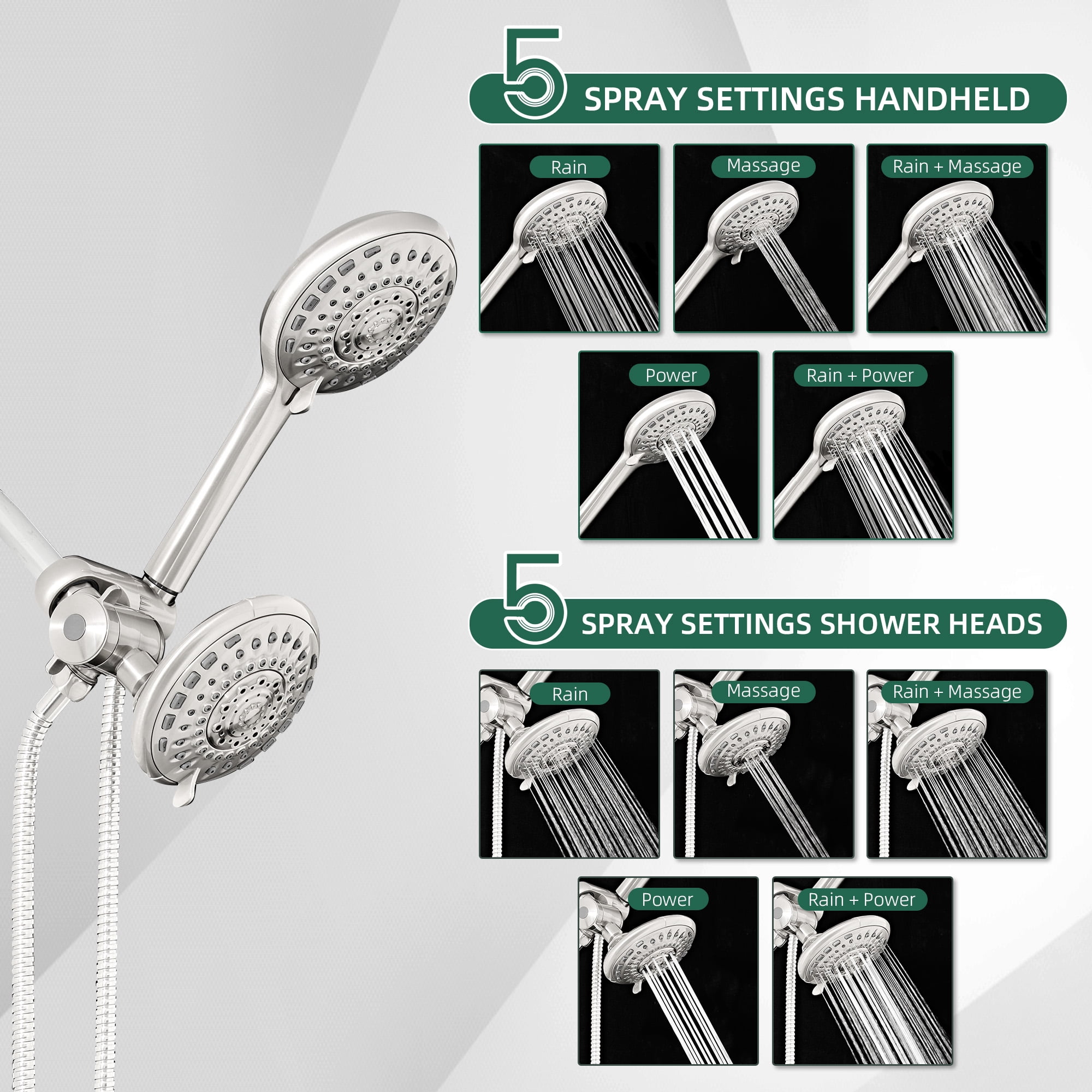 Akicon 2-in-1 Rain Shower Head with Handheld Spray Combo, 6-Setting High Pressure Dual Shower Head for Bathroom, 2.5 GPM Flow Rate, Showerhead System with Adjustable Angle, Anti-Clog Nozzles