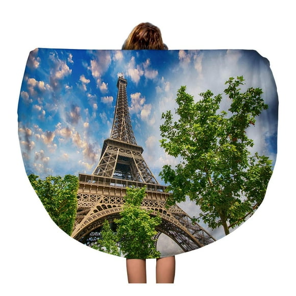 NUDECOR 60 inch Round Beach Towel Blanket Paris La Tour Eiffel Tower View from Champs De Travel Circle Circular Towels Mat Tapestry Beach Throw