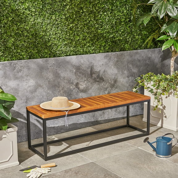LiviNest Industrial Wood Metal Bench for Patio: 54-Inch Compact Outdoor Bench - Acacia Wood & Black Iron Frame - Modern Garden & Entryway Seating