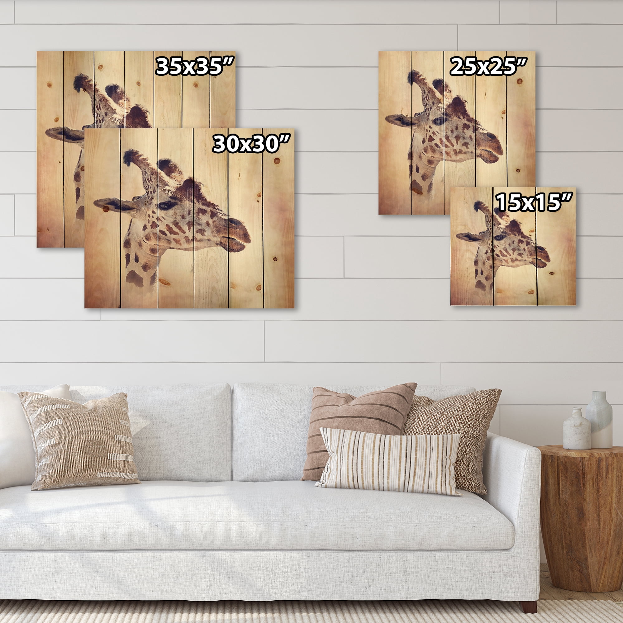 Designart 'Close Up Portrait of A Giraffe VII' Farmhouse Print on Natural Pine Wood