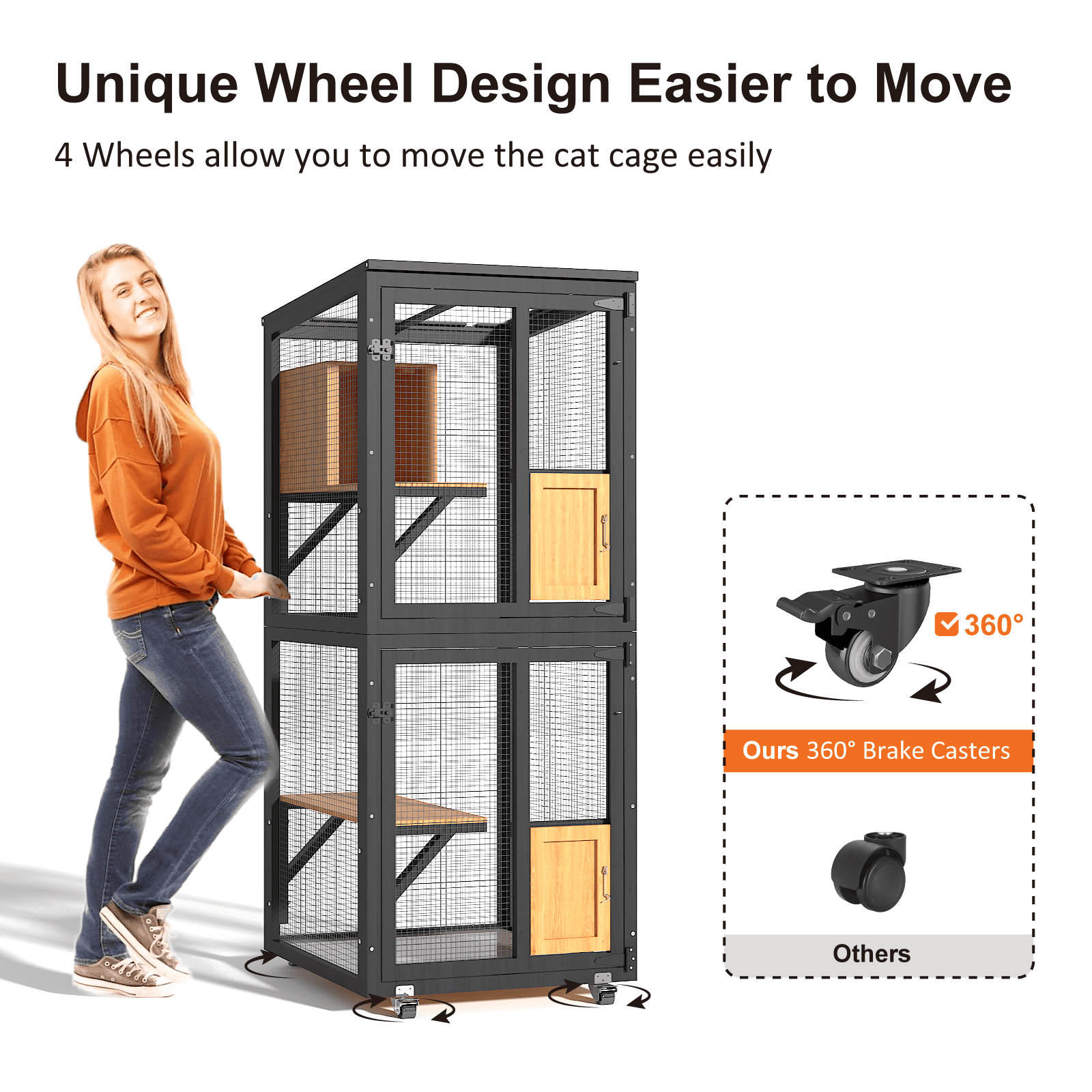 TIMHAKA Outdoor Cat Catio Enclosure, 4 Tiers Indoor Catio w/ Wheels, Resting Box, Waterproof Roof, Black & Yellow