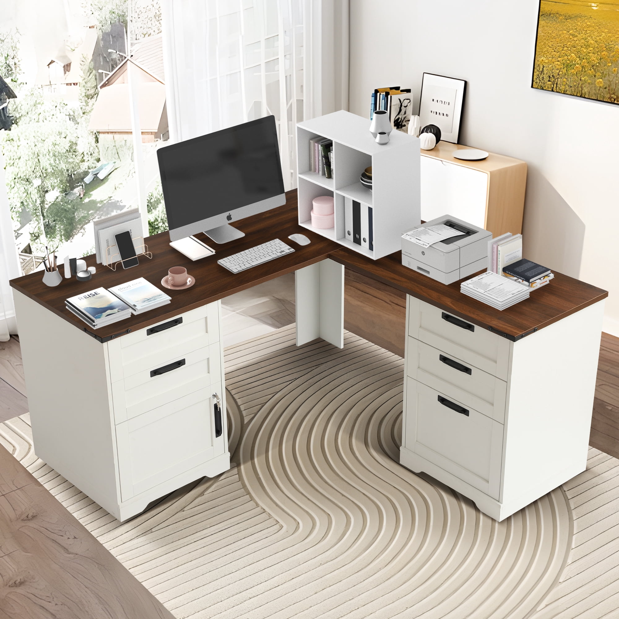 Magic Union L Shaped Executive Desk with Drawers, Home Office Desks with Charging Station, File Drawer, Lockable Adjustable Storage Cabinet, Large Corner Computer Table for Work And Study