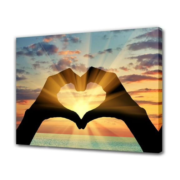 A Serene Sunset Scene with Hands Forming A Heart Canvas Poster Bedroom Decor Sports Landscape Office Room Decor Gift,Frame-style,16x24inch(40x60cm)