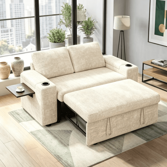 65" Chenille Sleeper Loveseat Sofa with Pull-Out Bed Reclining Backrest Storage Arms USB Ports, Beige