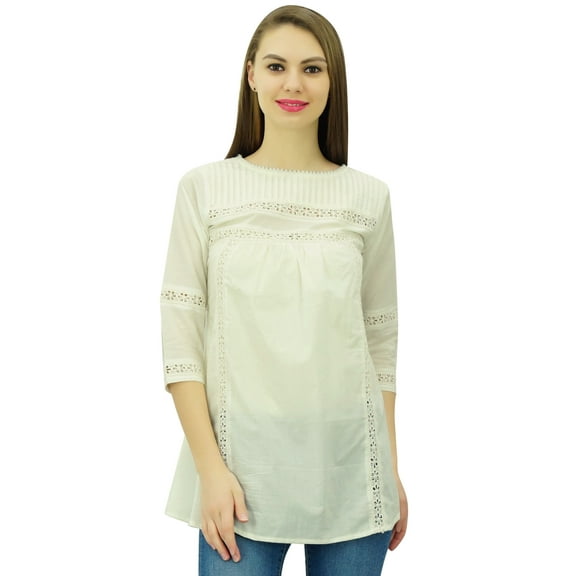 Phagun Women's 3/4 Sleeves Designer Lace Short Tunic Cotton Blouse Summer Casual Tops