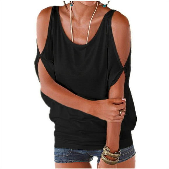 Blusa holgada de manga corta con cuello redondo y hombros descubiertos para mujer