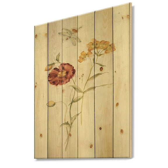 Designart 'Wild Simple Wallflowers III' Farmhouse Print on Natural Pine Wood