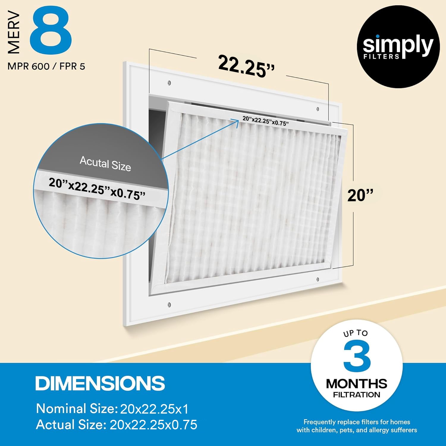 Simply Filters 20x22.25x1 MERV 8, MPR 600, AC Furnace HVAC Air Filter (6 Pack)