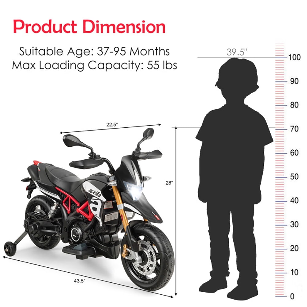 CIPACHO 12V Kids Ride-On Motorcycle Aprilia Licensed with Sounds and Music, Battery Powered Motorbike for Kids Ages 3+, Black