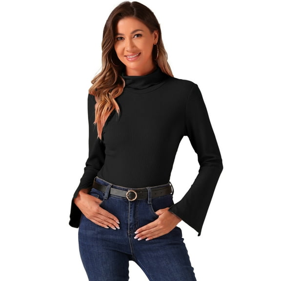 DARING DIVA Women's Split Long Sleeves Basic Casual Turtleneck Tops XS Black