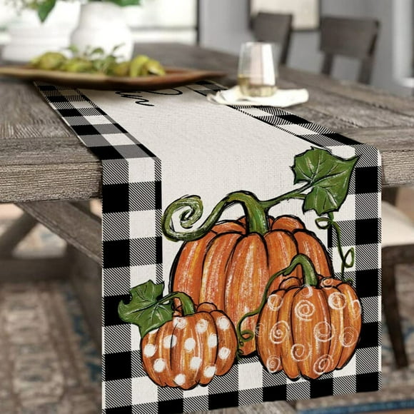 Mashaouyo Clearance Fall Thanksgiving Table Runner 13x108 Inches Pumpkin Seasonal Burlap Plaid Farmhouse Indoor Autumn Table Runner for Home