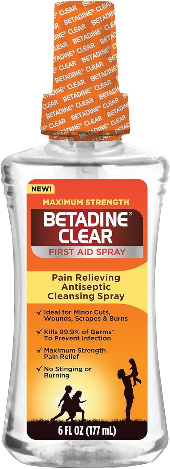 (3 pack) Betadine Clear First Aid Spray, Antiseptic Cleansing Spray, 6 oz, No Stinging, Pain Relieving Strength