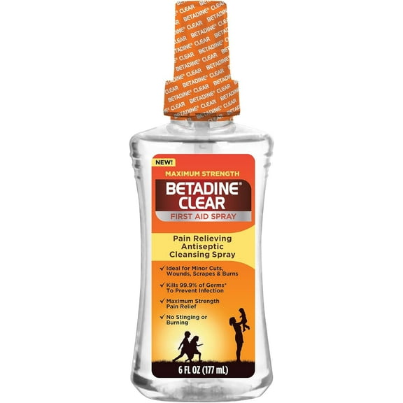Betadine Clear First Aid Spray, Max Strength Pain Relieving Antiseptic Cleansing Spray, No Stinging, Helps Prevent Infections, 6 oz
