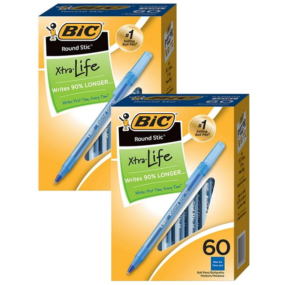 BIC Round Stic Xtra Life Ball Pen, Blue, 60 Per Pack, 2 Packs