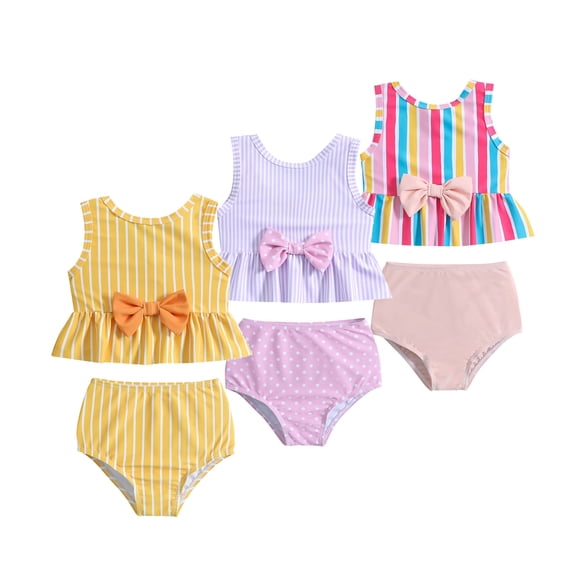 Baby Girls Summer Swimsuit Sleeveless Bowknot Striped Swimwear Toddler Two-Piece Bikini Set Beach Suit 1-4Y