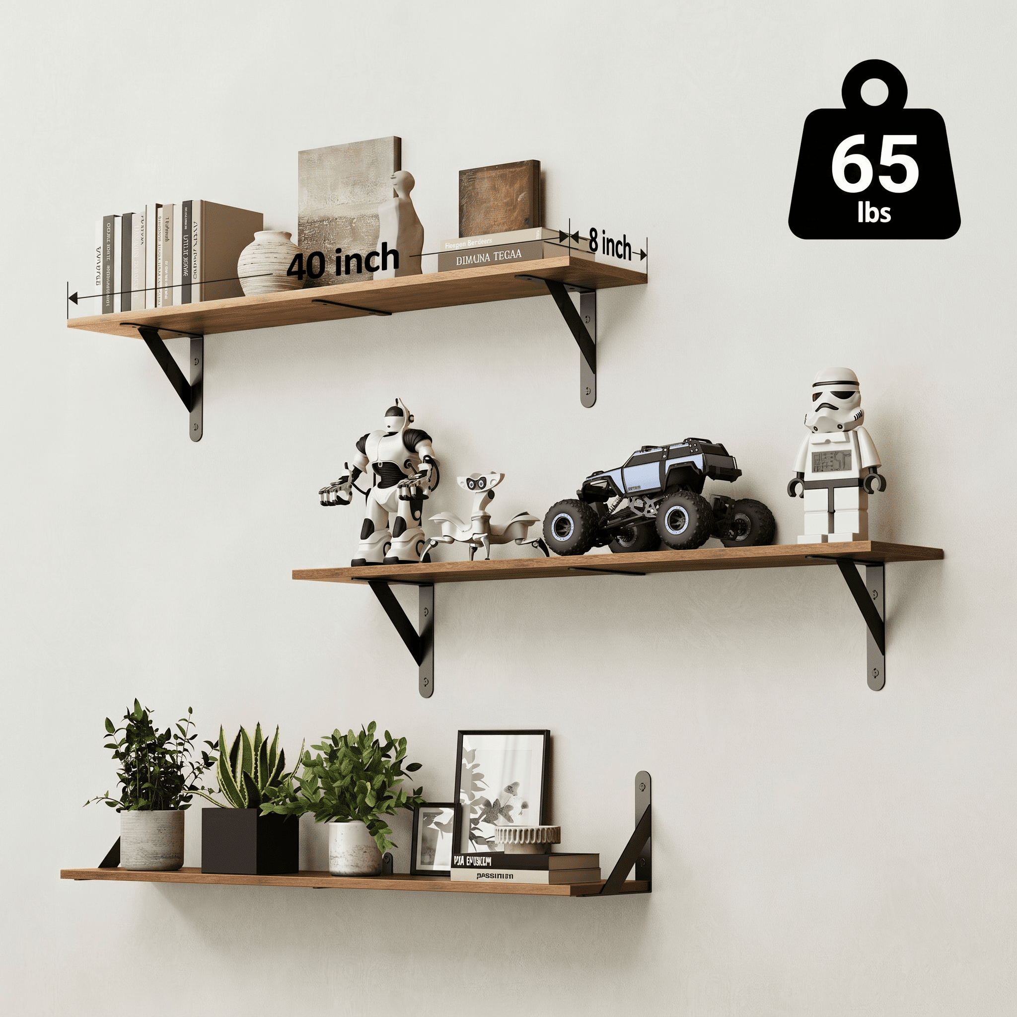 Farmhouse Floating Shelves for Wall 40″W x 8″D, Long Wall Mounted Shelves Set of 3