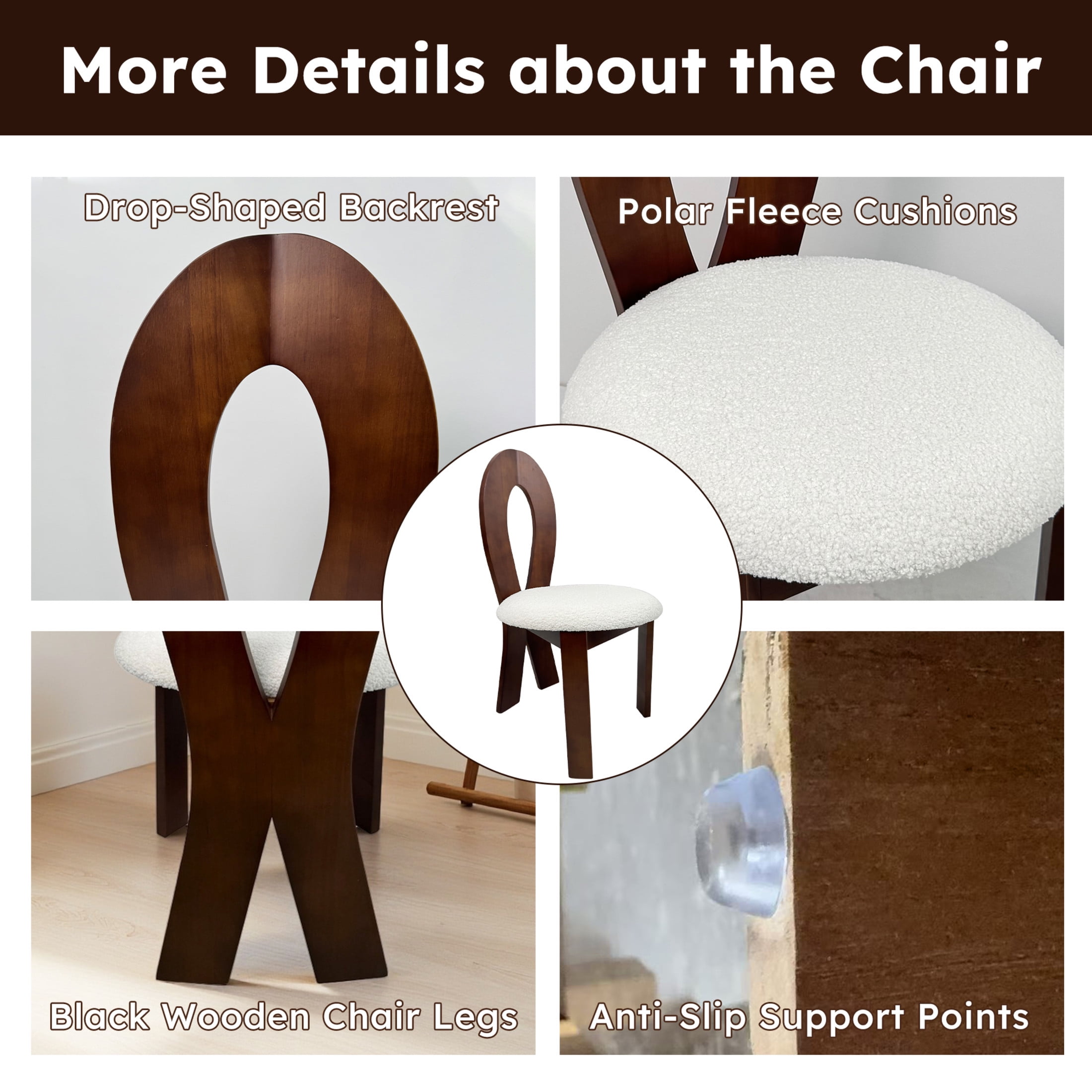 Noble House Set of 2 Dining Chairs with Ribbon-Cross Backrest, White Teddy Velvet Upholstered Cushions, Brown