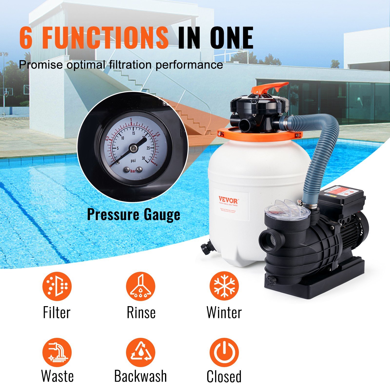 AQUASTRONG Sandfilterpumpe Für Oberirdischen Pool - 1/2 PS, 2500 GPH, Für Pools Bis 9000 Gallonen, 12 Zoll Mit 6-Wege-Ventil