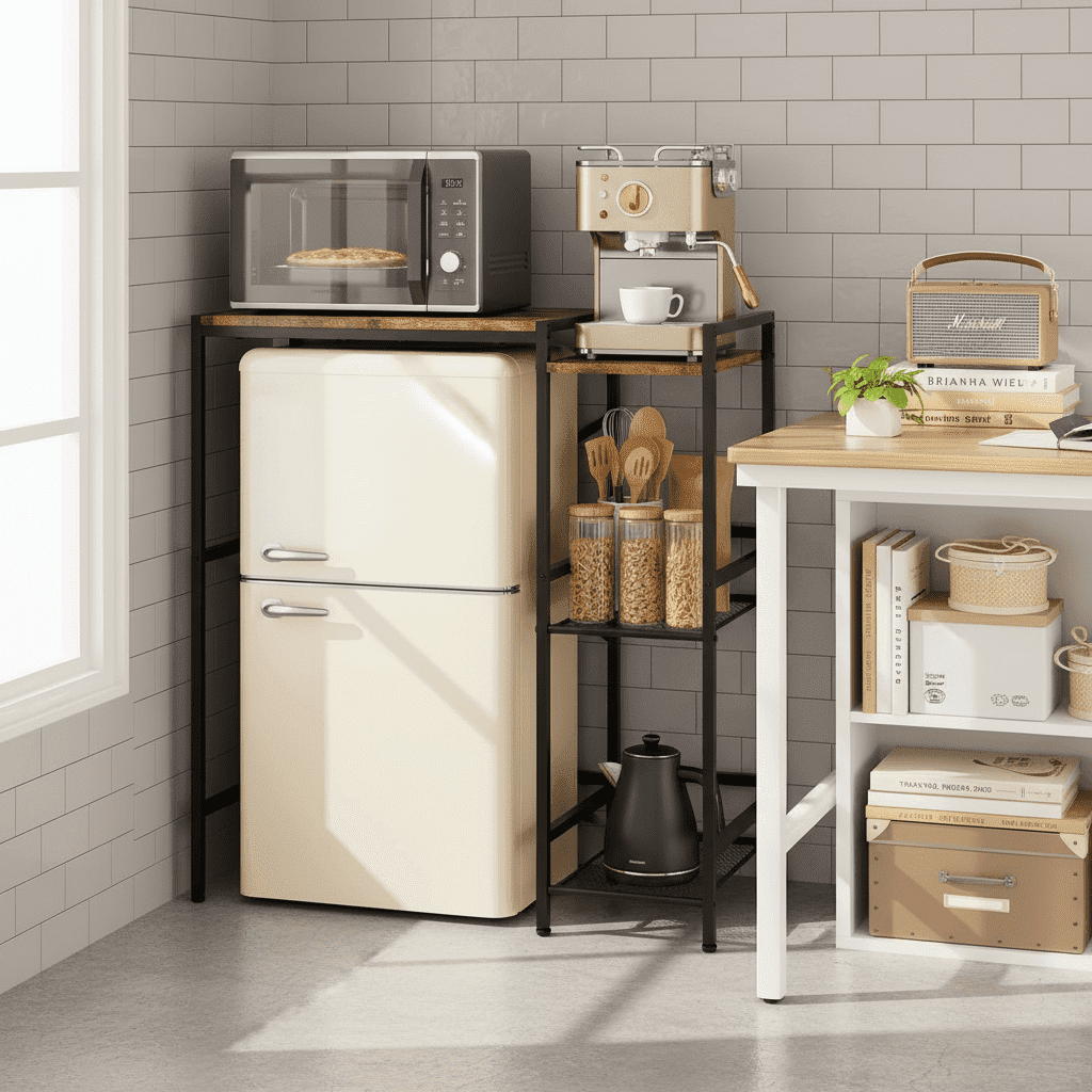 BEJOLO 3-in-1 Bakers Rack with Mini Fridge Shelf, Microwave Stand & Coffee Bar Station, Freestanding Kitchen Storage Organizer, Rustic Brown and Black