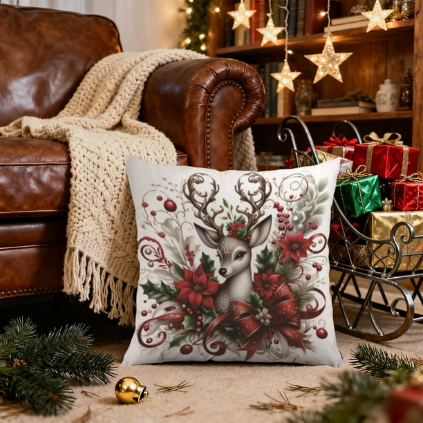 Funda de almohada navideña | Funda de almohada decorativa festiva con estampado de renos y Papá Noel | Decoración festiva para el hogar, ideal para sofá y cama | Funda de cojín cuadrada de 45x45 cm