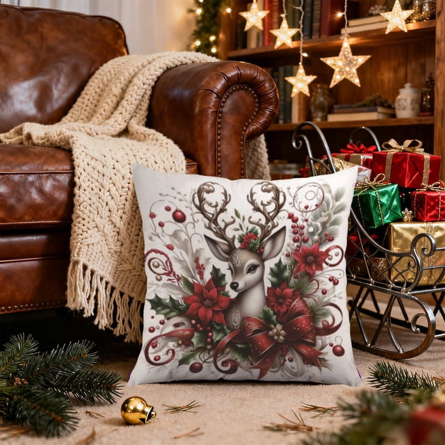 Funda de almohada navideña | Funda de almohada decorativa festiva con estampado de renos y Papá Noel | Decoración festiva para el hogar, ideal para sofá y cama | Funda de cojín cuadrada de 45x45 cm
