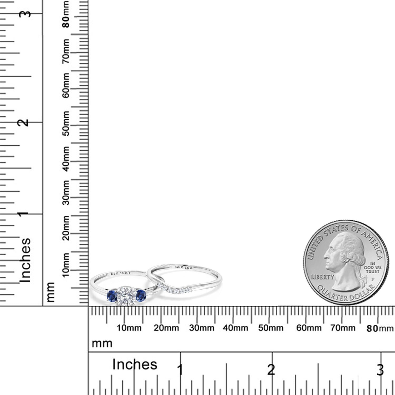 Gem Stone King 10K White Gold Lab Grown Diamond and Blue Created Sapphire Bridal-Sets Ring for Women | 0.84 Cttw | Round 5MM | Wedding Engagement Anniversary Promise Ring for Women | Size 8