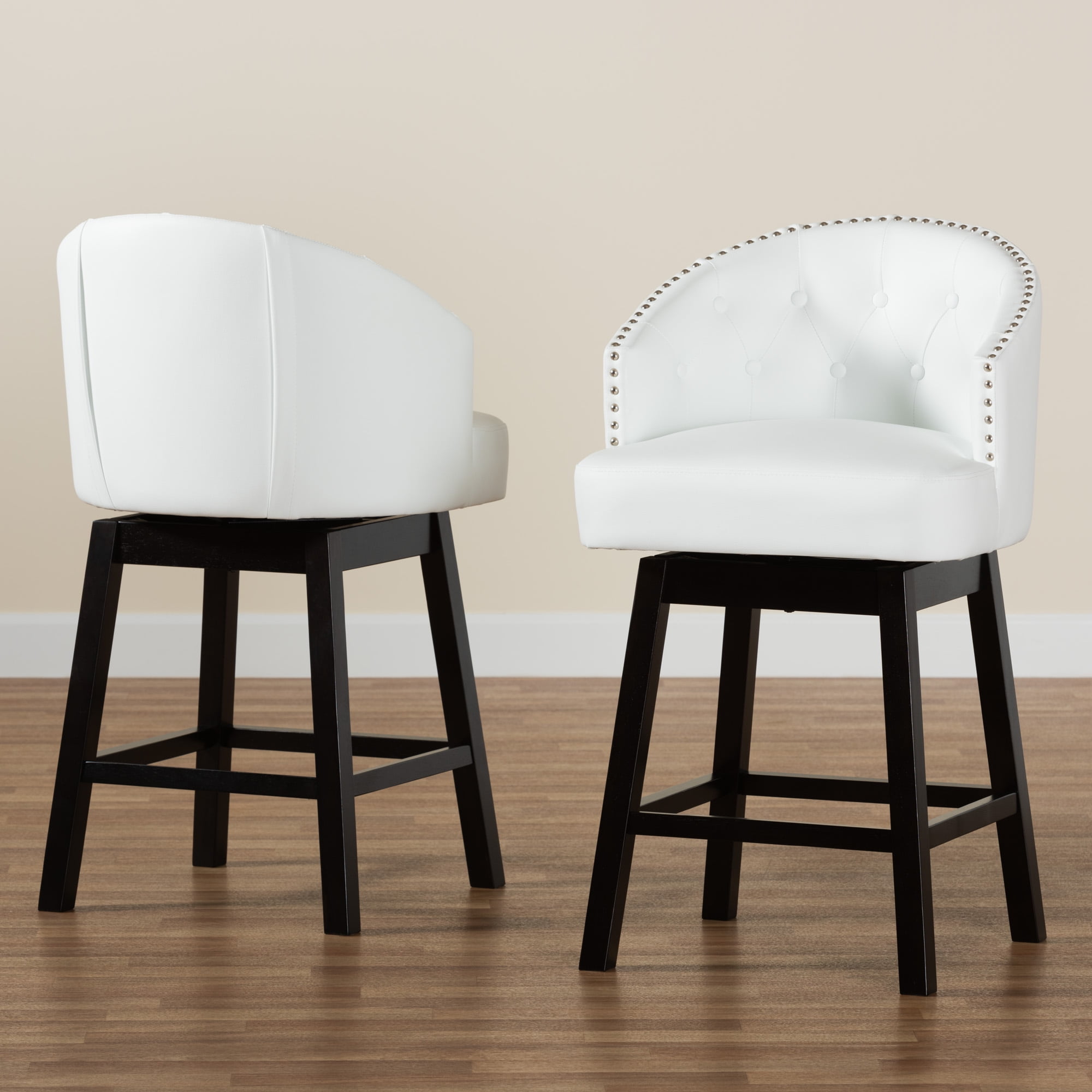 Baxton Studio Theron Mid-Century Transitional White Faux Leather and Espresso Brown Finished Wood 2-Piece Swivel Counter Stool Set